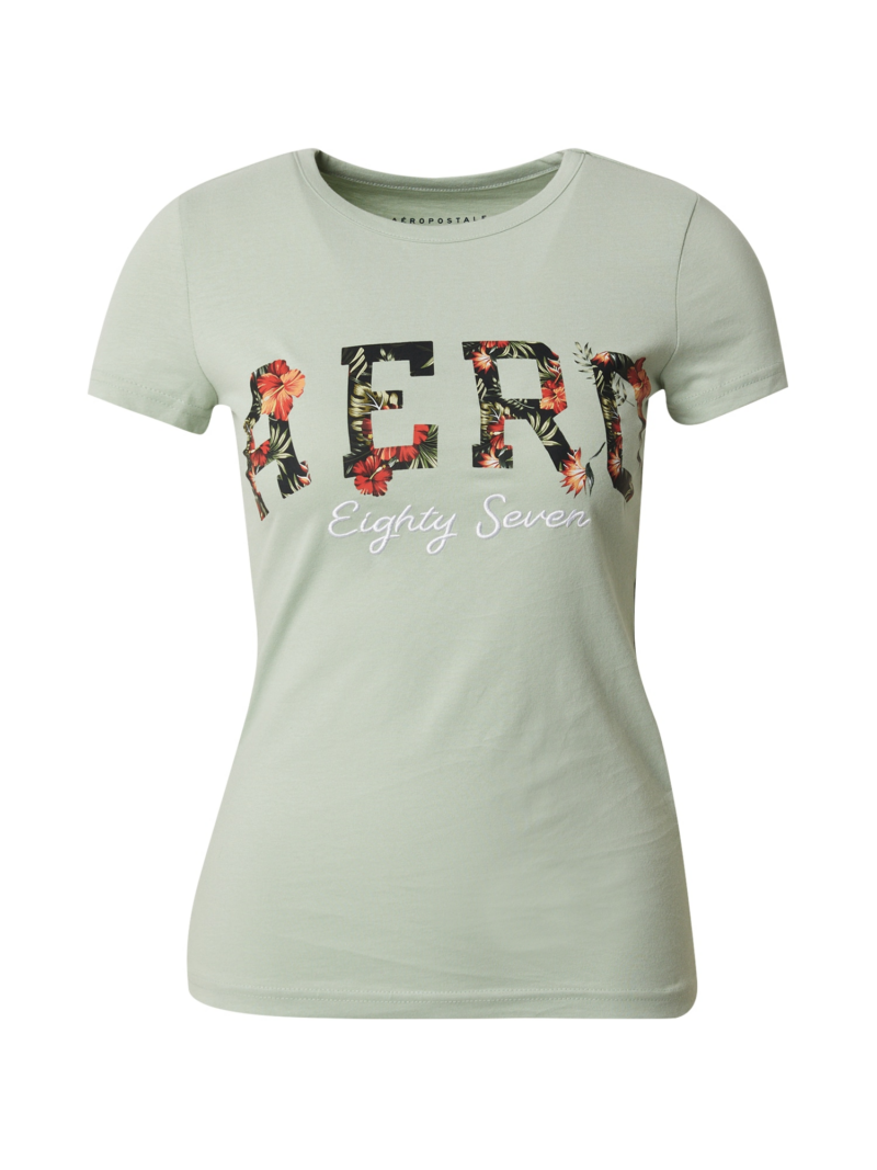 AÉROPOSTALE Tricou  verde pastel / roși aprins / negru / alb