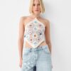 Bershka Top brodat  mov deschis / portocaliu / alb