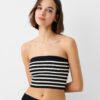 Bershka Top brodat  negru / alb