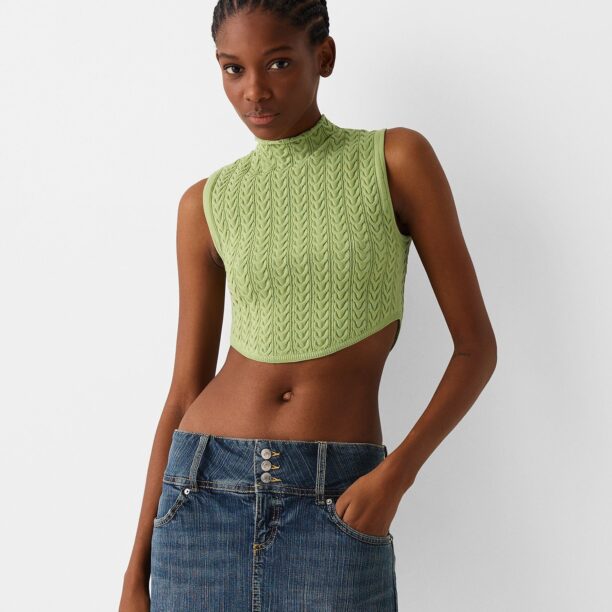 Bershka Top brodat  verde deschis