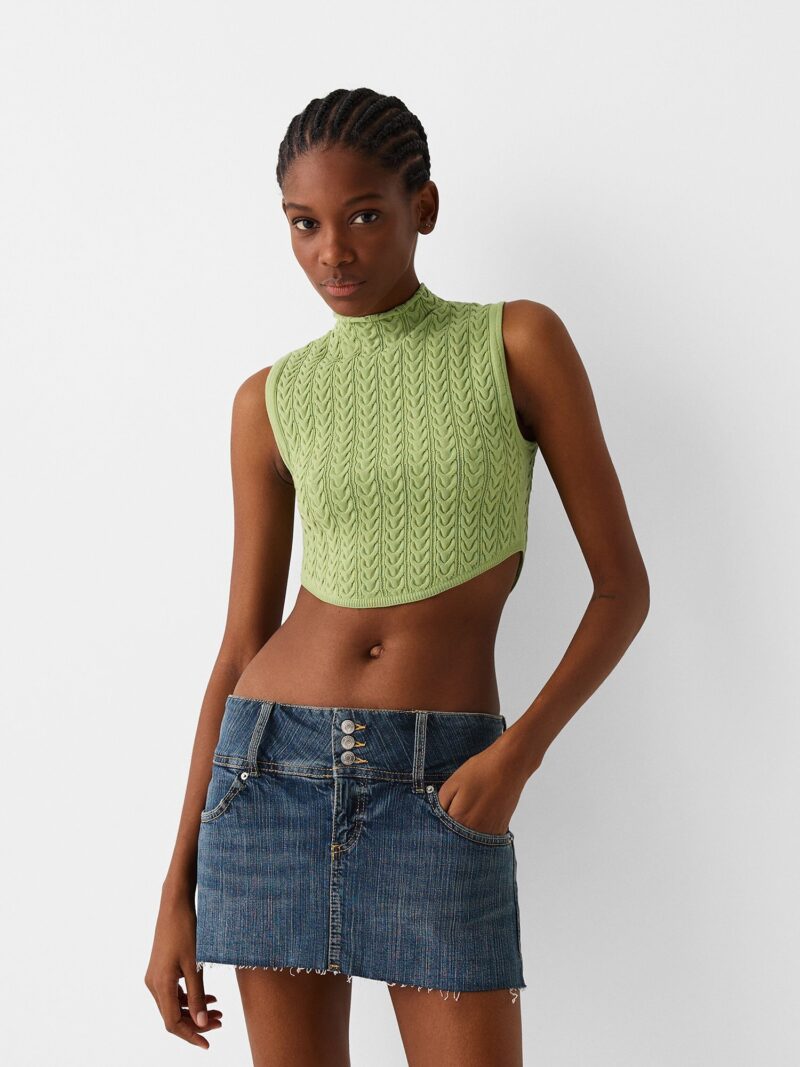 Bershka Top brodat  verde deschis