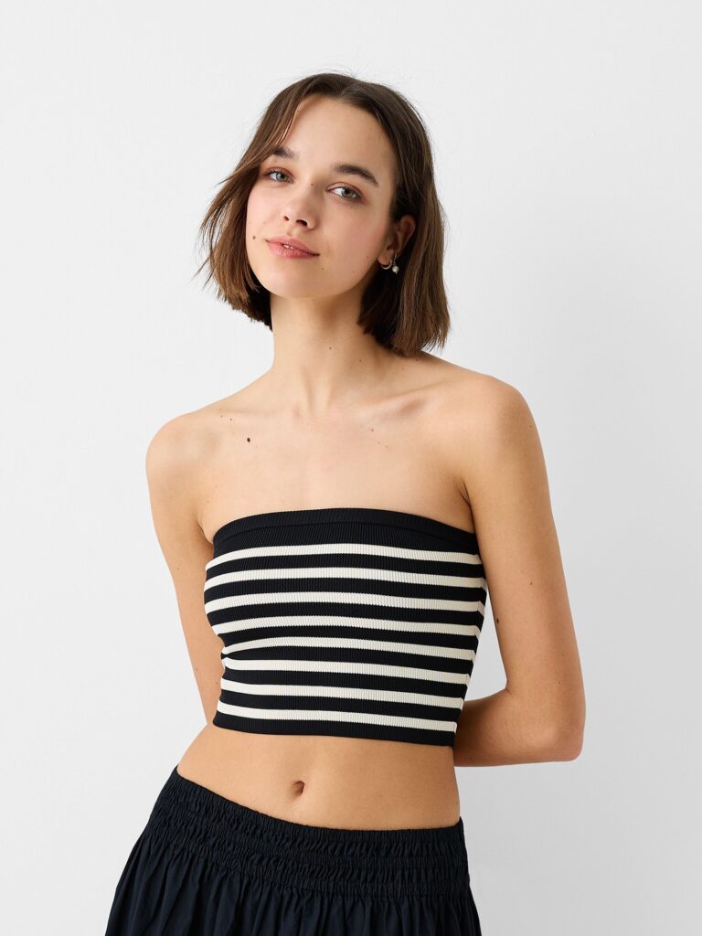 Bershka Top  negru / alb