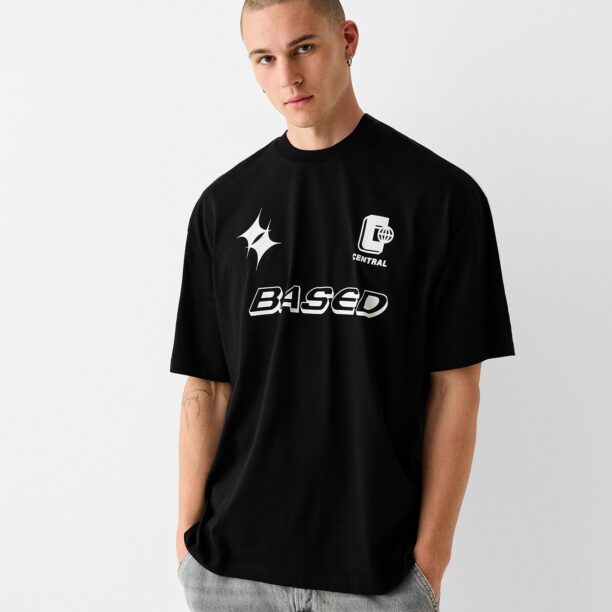 Bershka Tricou  albastru deschis / roșu / negru / alb