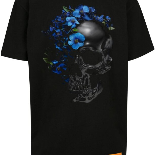 Forgotten Faces Tricou 'Flowered Skull'  albastru / portocaliu mandarină / negru / alb