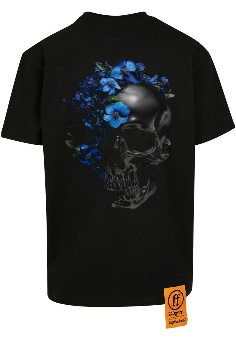 Forgotten Faces Tricou 'Flowered Skull'  albastru / portocaliu mandarină / negru / alb