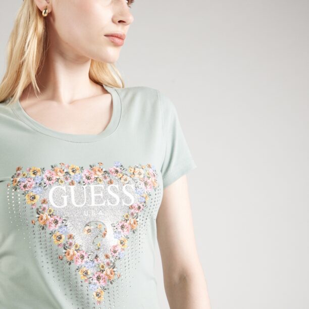 Preţ GUESS Tricou 'Blumen'  verde pastel / portocaliu deschis / argintiu / alb