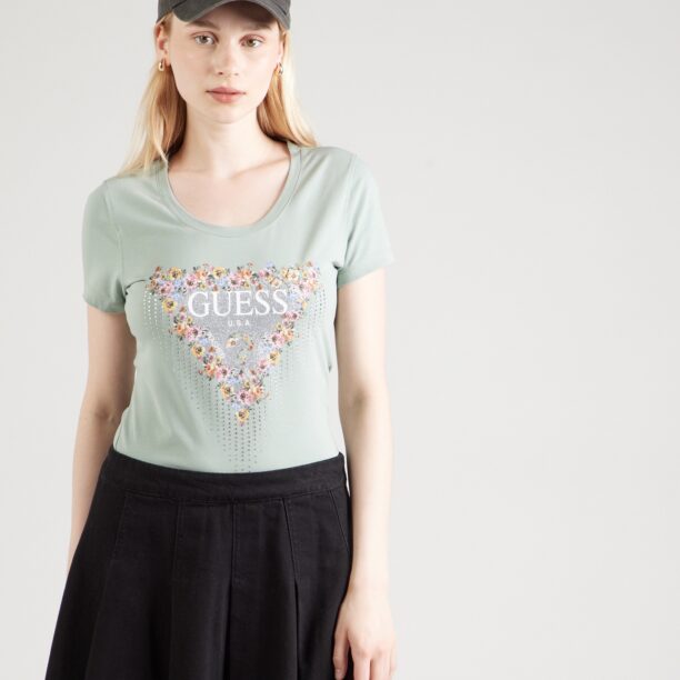 GUESS Tricou 'Blumen'  verde pastel / portocaliu deschis / argintiu / alb