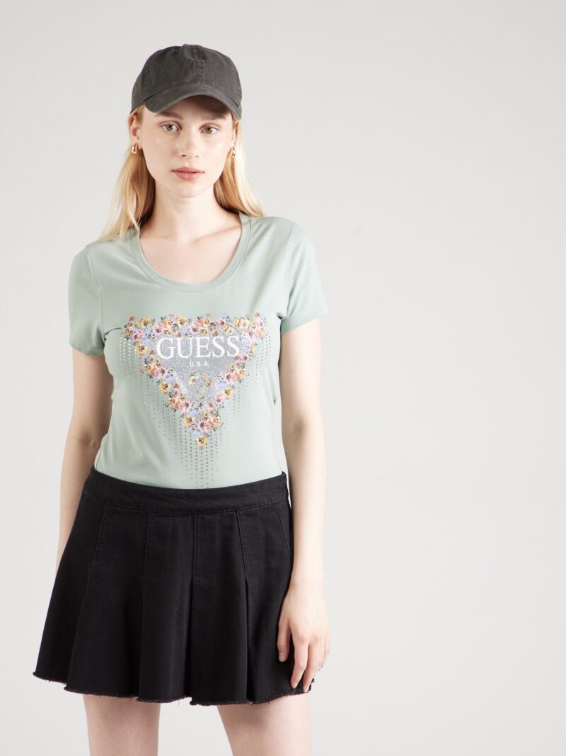 GUESS Tricou 'Blumen'  verde pastel / portocaliu deschis / argintiu / alb