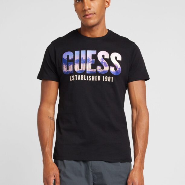 GUESS Tricou 'CITY OF PALMS'  lila / portocaliu caisă / negru