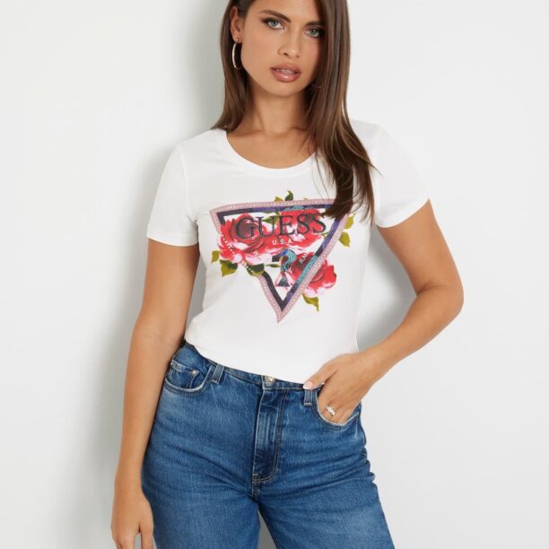 GUESS Tricou 'ROSES'  verde / roz / roșu / alb