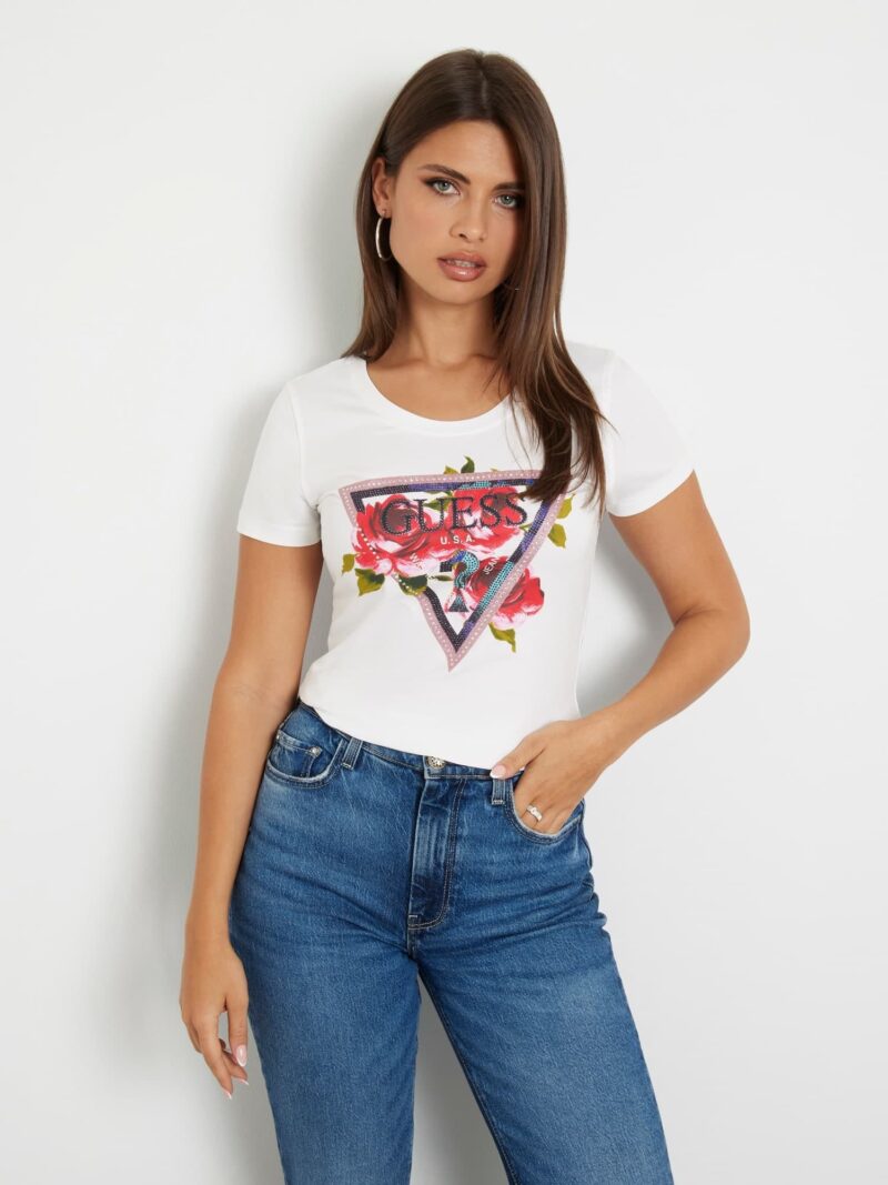 GUESS Tricou 'ROSES'  verde / roz / roșu / alb