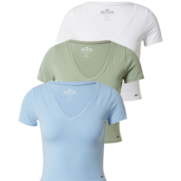 HOLLISTER Tricou  albastru deschis / kaki / alb