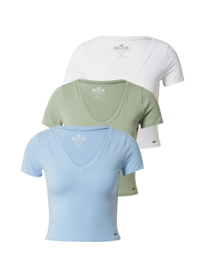 HOLLISTER Tricou  albastru deschis / kaki / alb