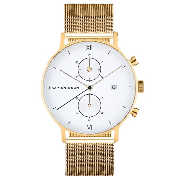 Kapten & Son Ceas analogic 'Chrono Small Gold Mesh'  auriu / alb