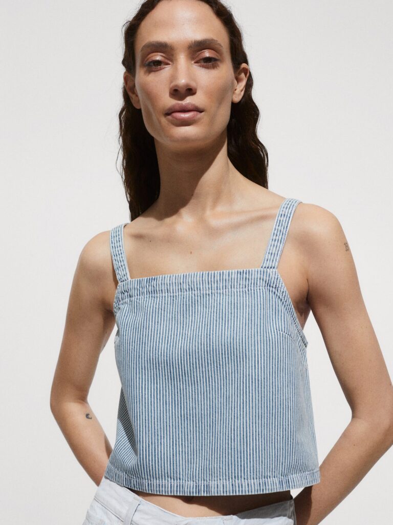 Original MANGO Top 'IBIZA'  albastru denim / alb murdar