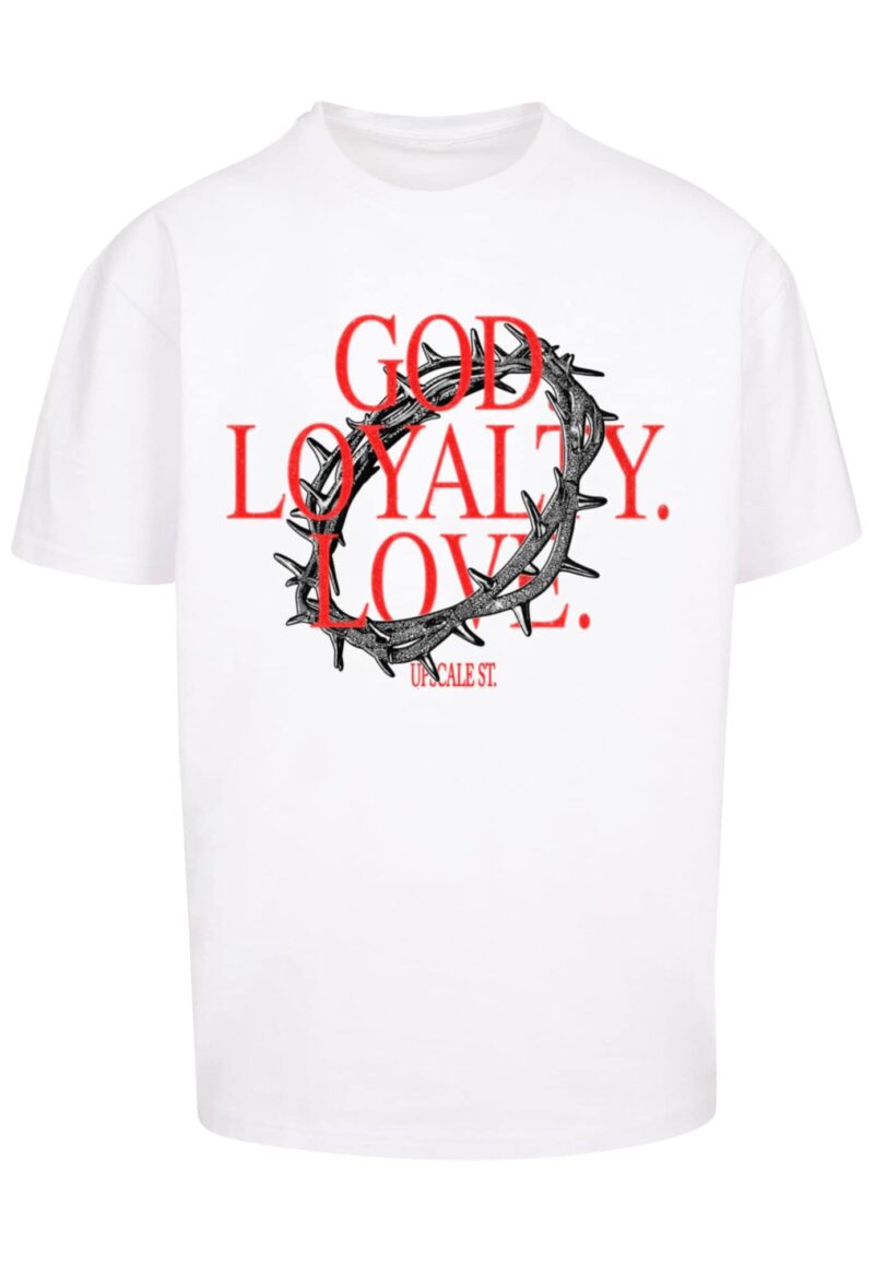 MT Upscale Tricou 'God Loyalty Love'  gri / portocaliu / alb