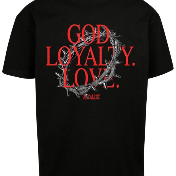 MT Upscale Tricou 'God Loyalty Love'  gri / roșu / negru