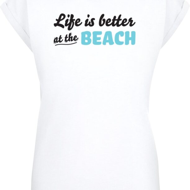 Merchcode Tricou 'Ladies Summer - Life is better at the beach'  albastru deschis / negru / alb