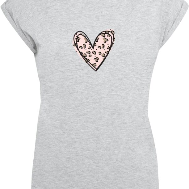 Merchcode Tricou 'Valentines Day - Leopard Heart'  gri amestecat / roz pastel / negru