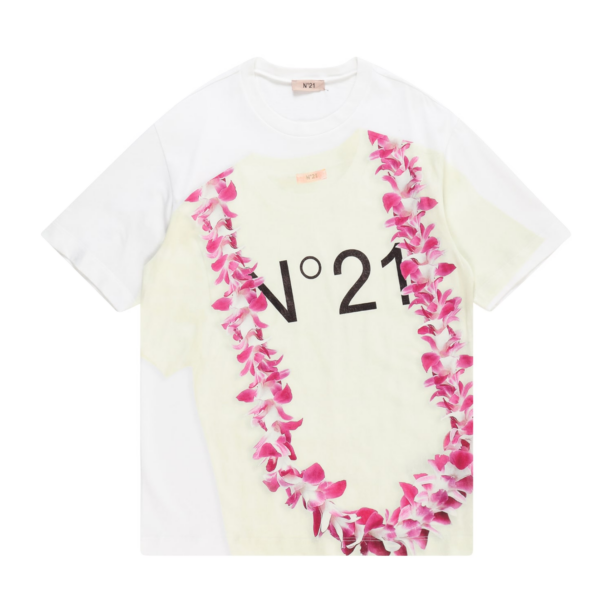 N°21 Tricou  galben pastel / fucsia / negru / alb