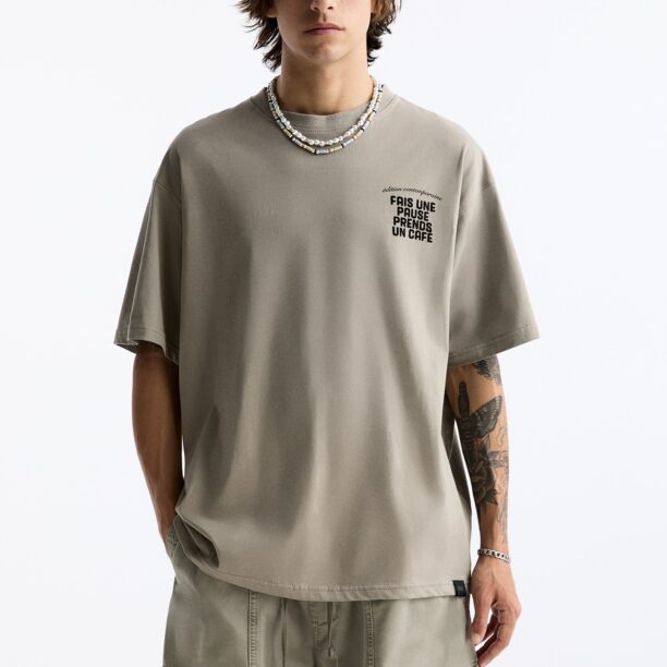 Pull&Bear Tricou  gri taupe / negru