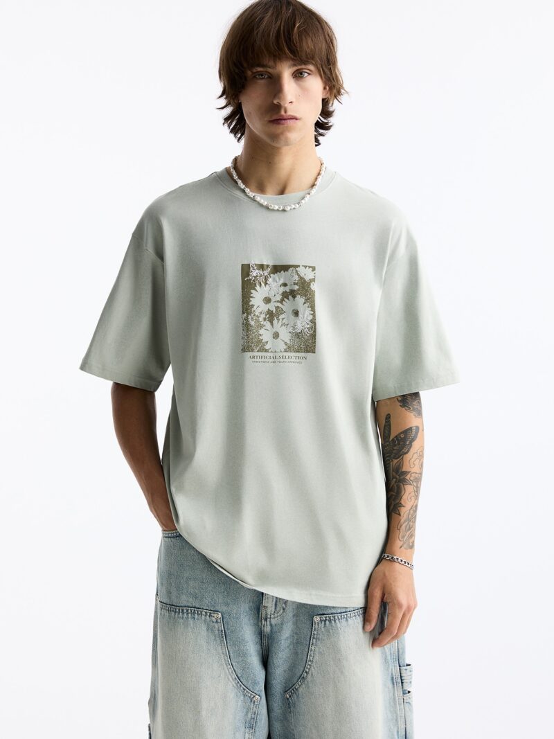 Pull&Bear Tricou  kaki / verde pastel / alb