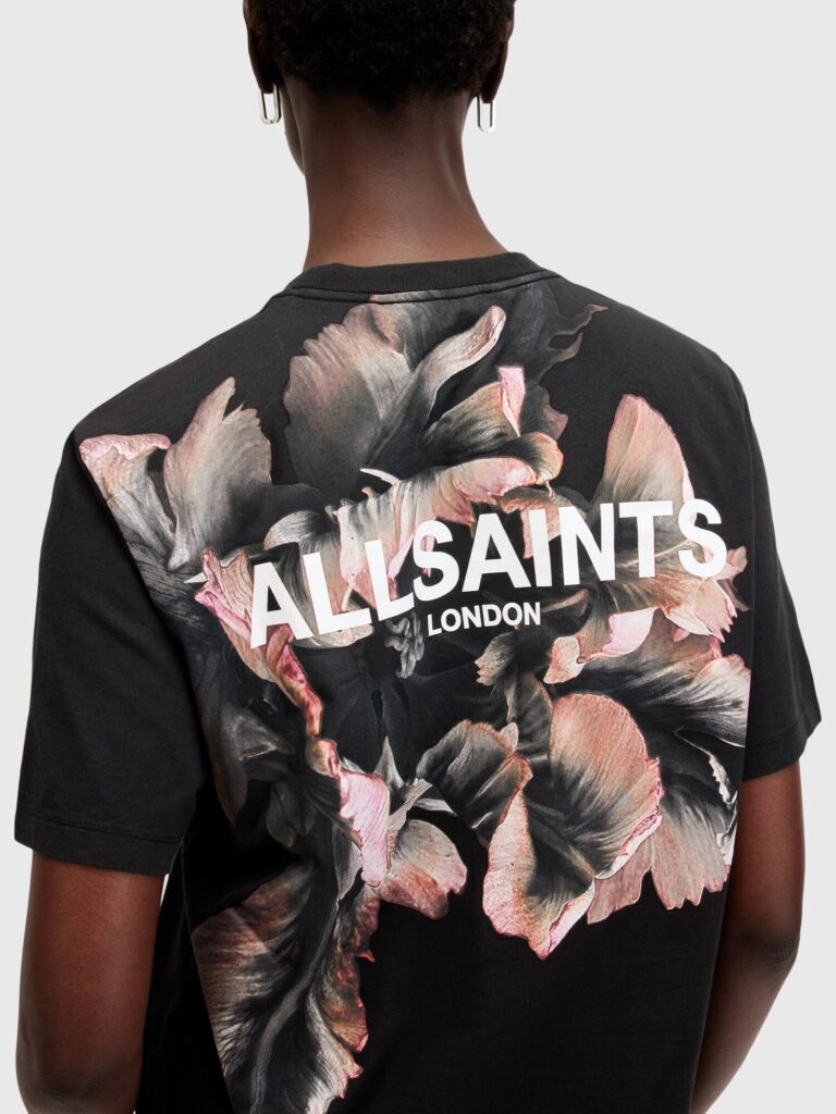 AllSaints Tricou 'FLEURIR'  portocaliu caisă / negru / alb preţ