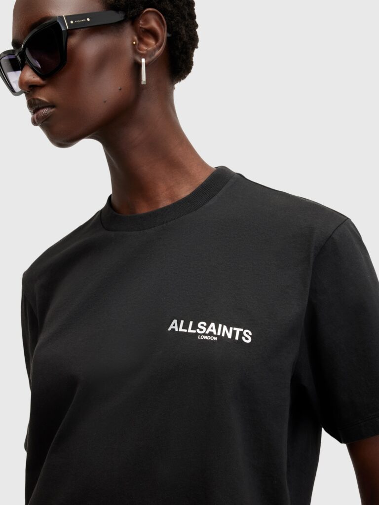 Original AllSaints Tricou 'FLEURIR'  portocaliu caisă / negru / alb