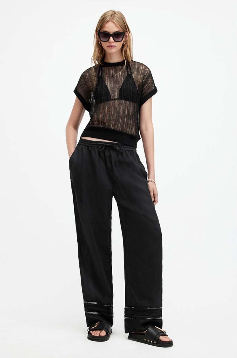 AllSaints pantaloni din in JADE LINEN TROUSER culoarea negru