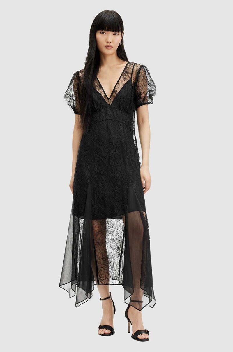 AllSaints rochie RAYNA LACE DRESS culoarea negru