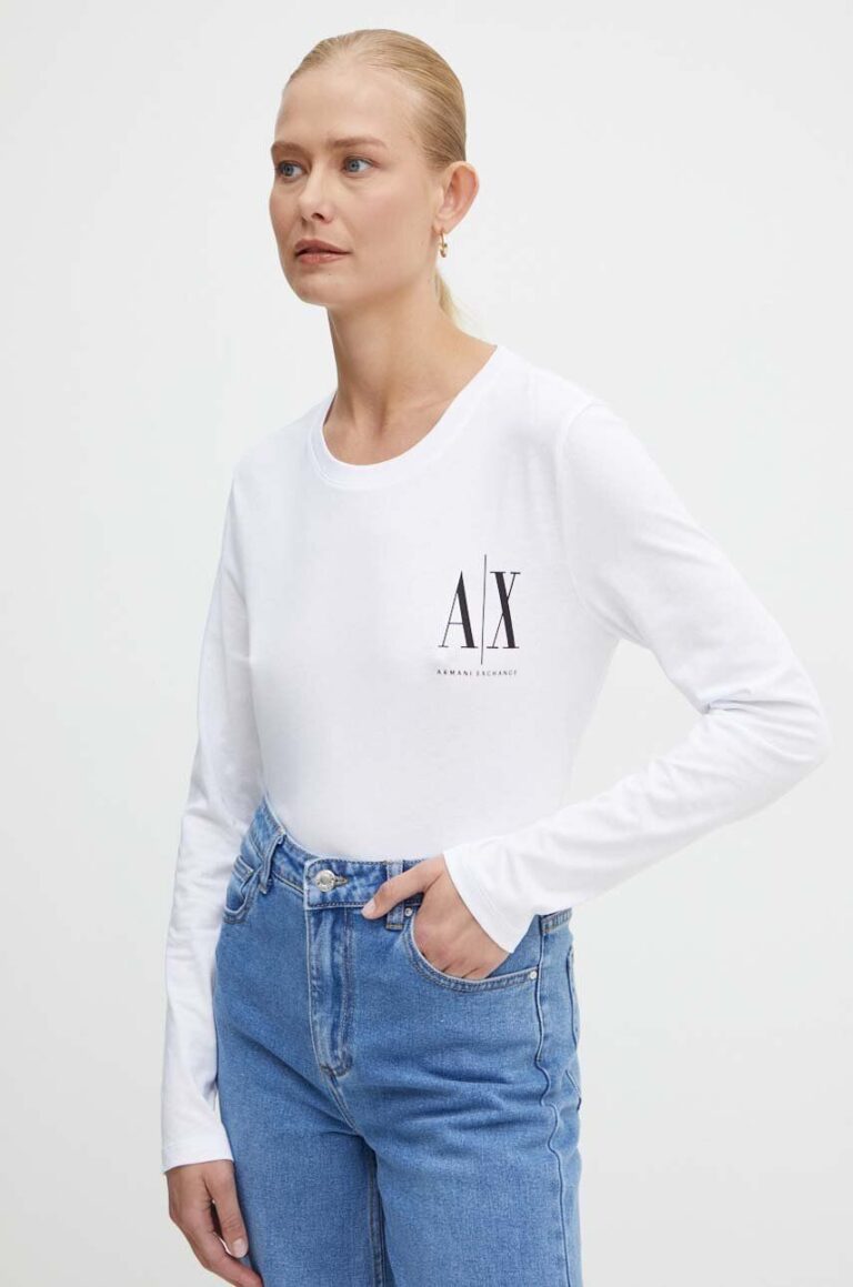 Armani Exchange longsleeve din bumbac culoarea alb