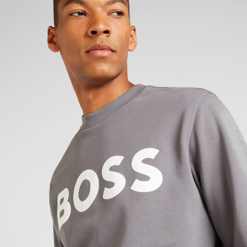 BOSS Bluză de molton  gri închis / alb