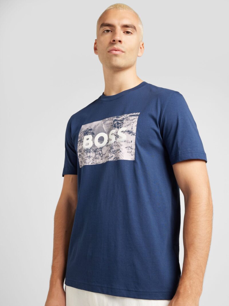 BOSS Tricou 'Building'  bleumarin / grej / alb preţ