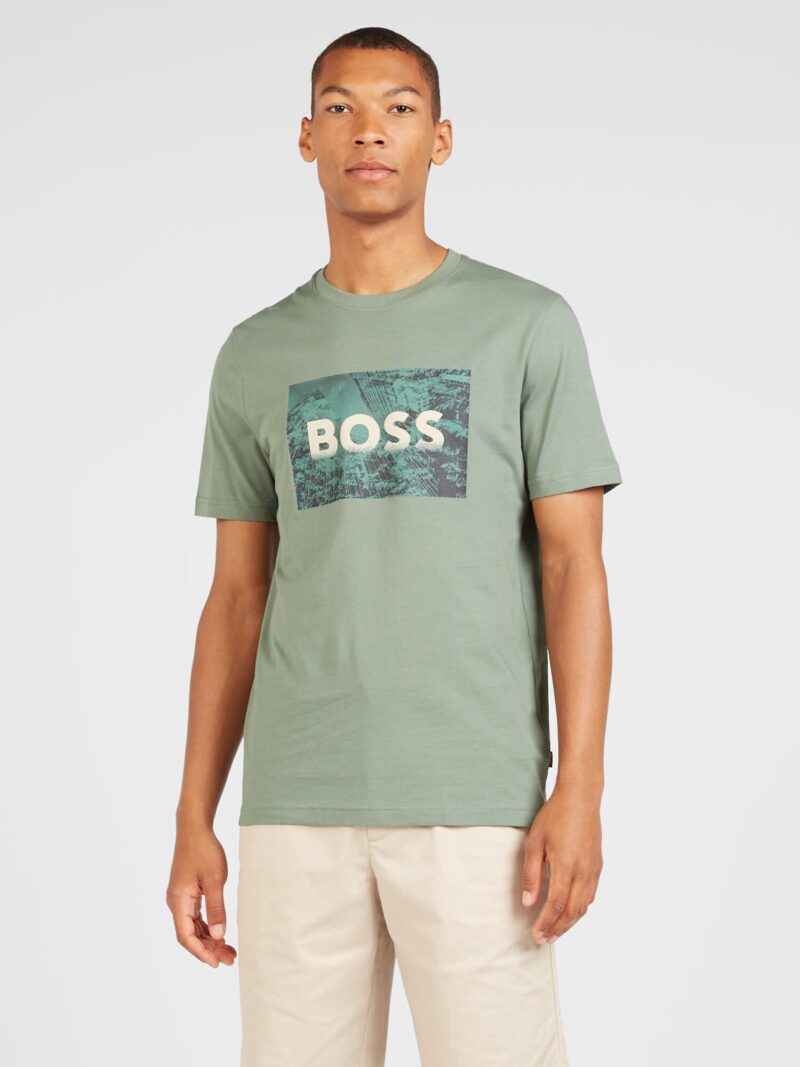 Preţ BOSS Tricou 'Building'  verde smarald / verde pastel / negru / alb murdar