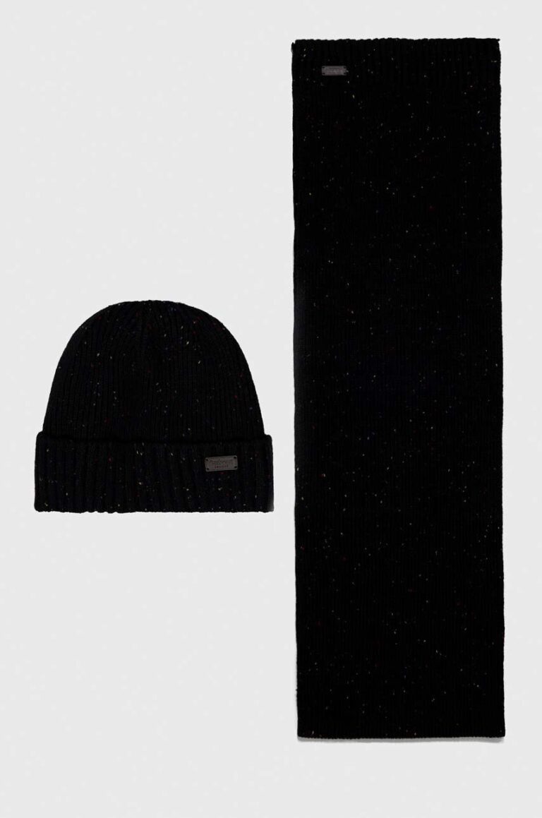 Barbour căciulă și fular Carlton Fleck Beanie & Scarf Gift Set culoarea negru MGS0047