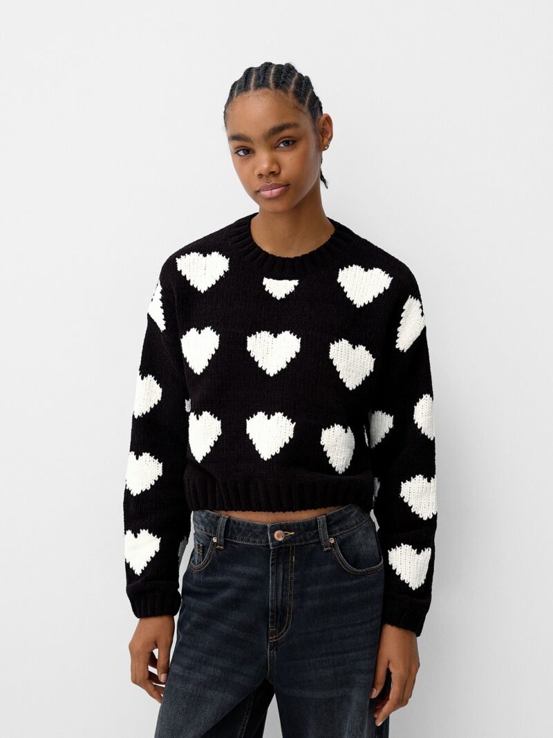 Bershka Pulover  negru / alb