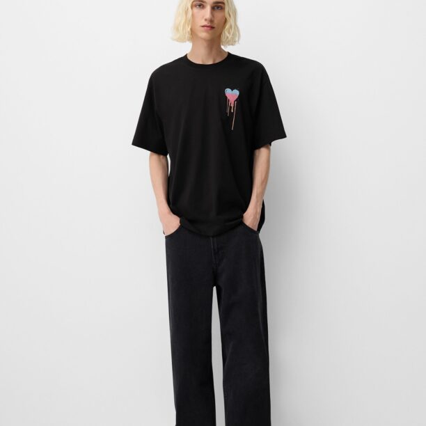 Bershka Tricou  albastru deschis / roz / negru preţ