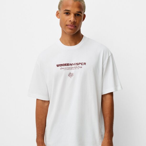 Bershka Tricou  roșu bordeaux / alb