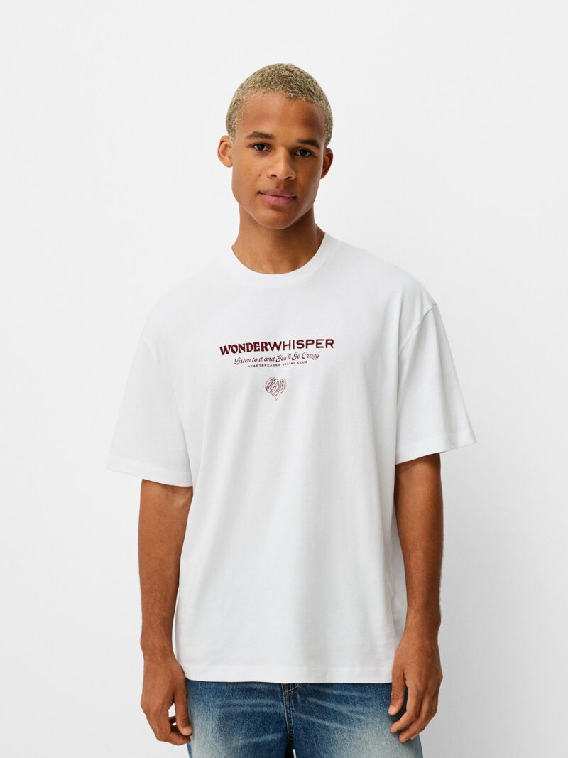 Bershka Tricou  roșu bordeaux / alb