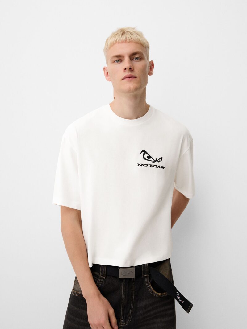 Bershka Tricou  roșu deschis / negru / alb