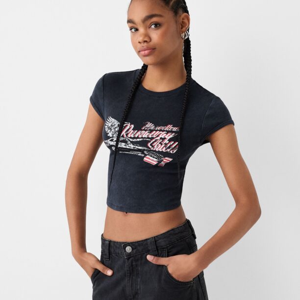 Bershka Tricou  roșu deschis / negru denim / alb murdar