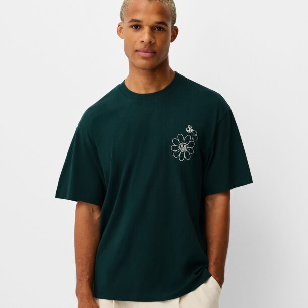 Bershka Tricou  verde închis / alb