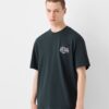 Bershka Tricou  verde închis / alb murdar