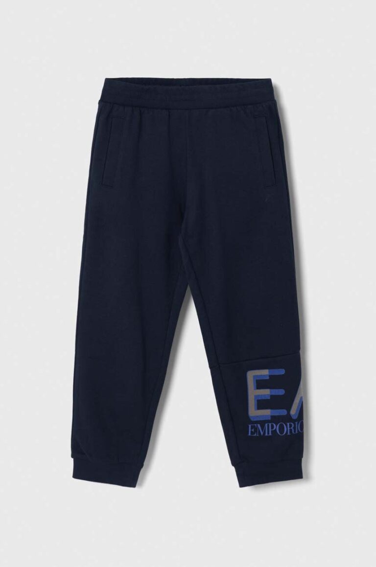 EA7 Emporio Armani pantaloni de trening din bumbac pentru copii culoarea albastru marin