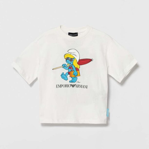 Emporio Armani tricou de bumbac pentru copii The Smurfs culoarea alb