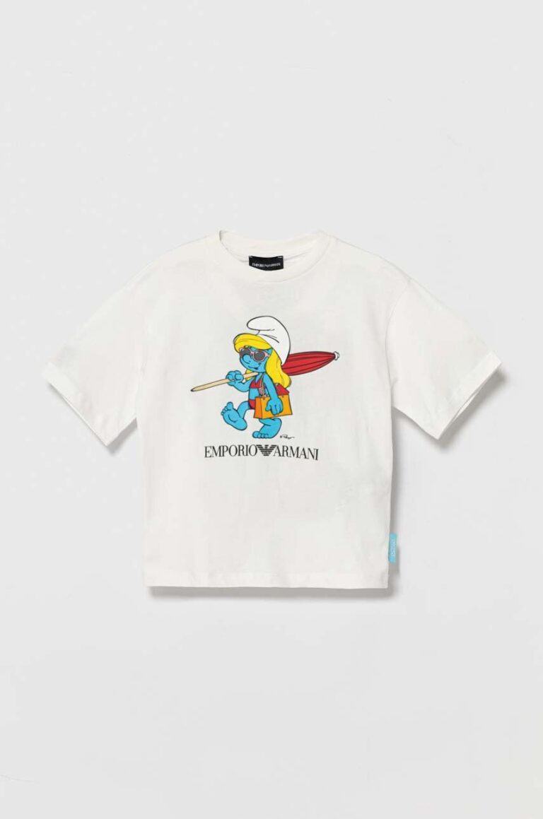 Emporio Armani tricou de bumbac pentru copii The Smurfs culoarea alb