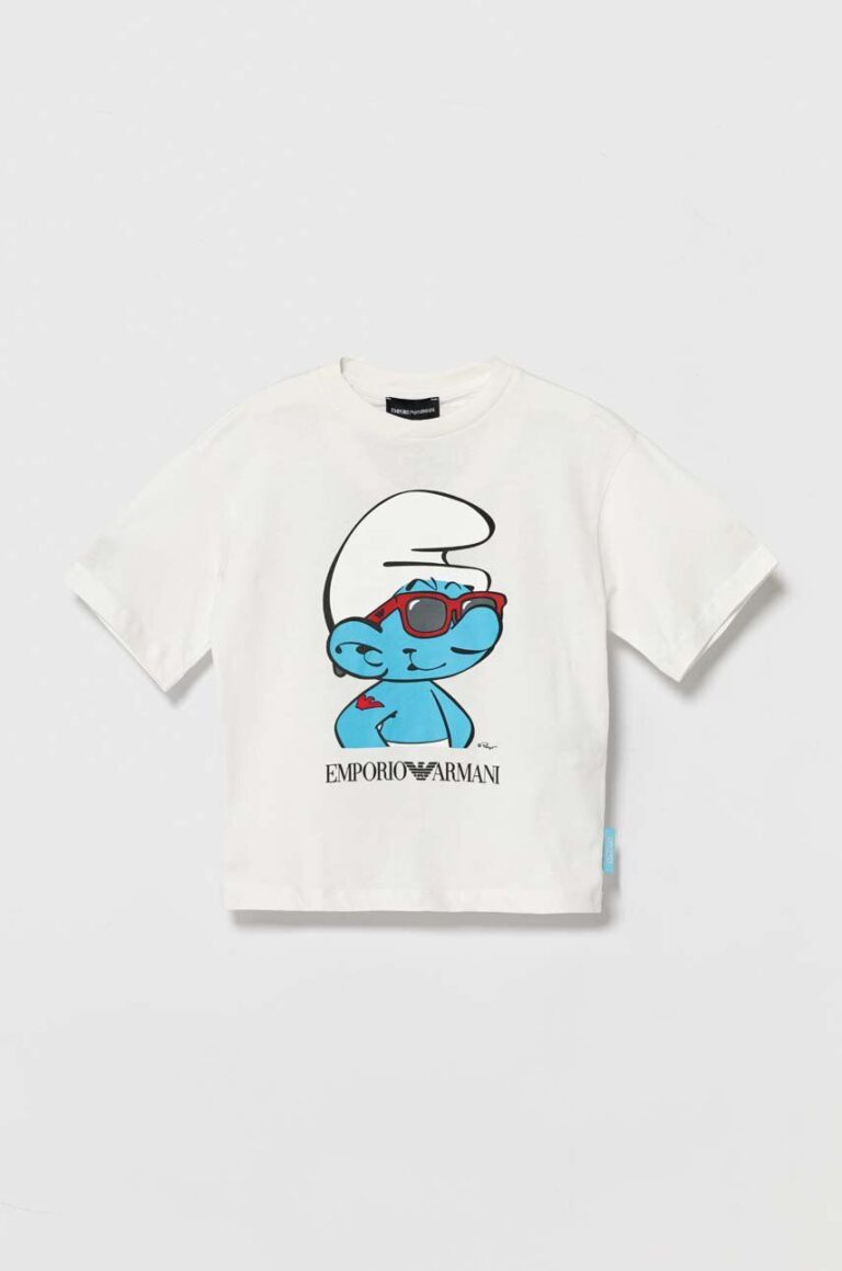 Emporio Armani tricou de bumbac pentru copii The Smurfs culoarea alb