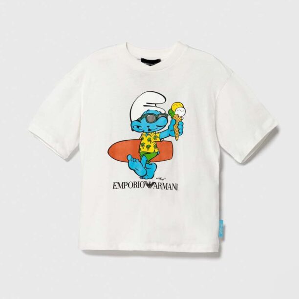 Emporio Armani tricou de bumbac pentru copii The Smurfs culoarea alb