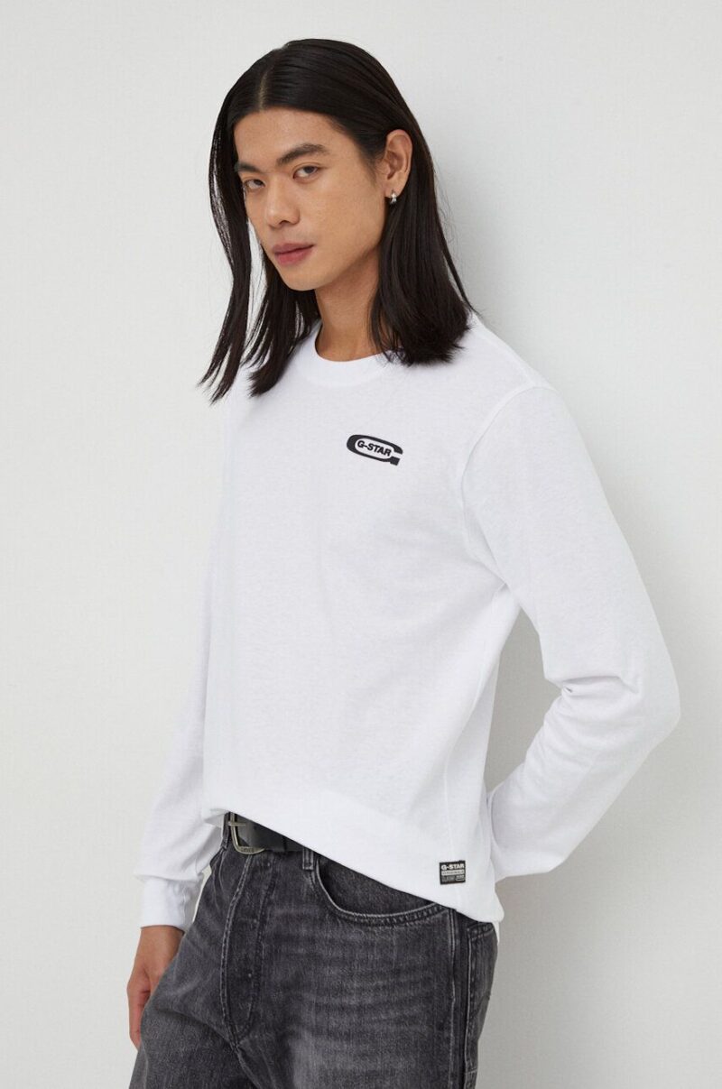 G-Star Raw longsleeve din bumbac culoarea alb