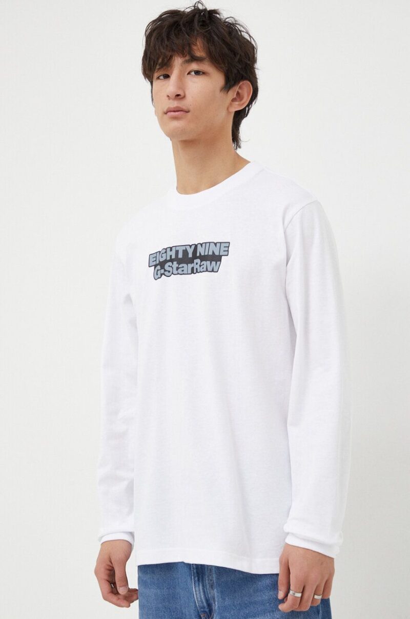 G-Star Raw longsleeve din bumbac culoarea alb